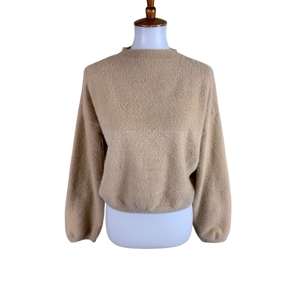 Princess Polly Beige Fuzzy Cropped Balloon Sleeve Sweater XS S